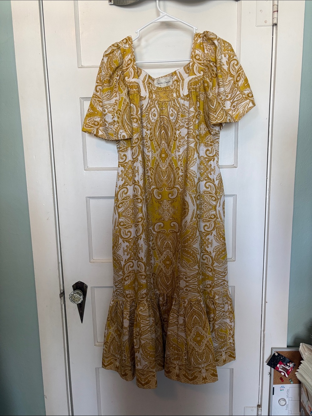 Cara Cara Mustard Paisley Women’s Linen Dress with Ruffle Hem Size M